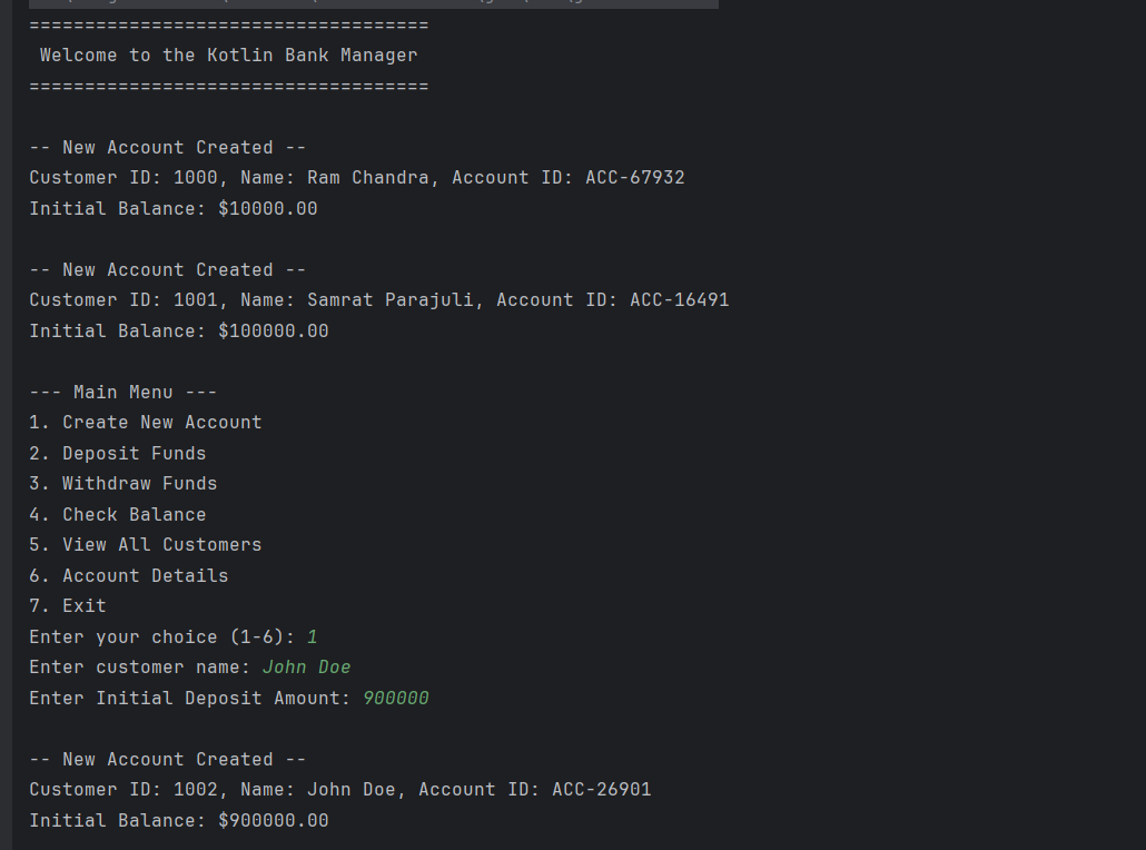 Bank Management System terminal interface